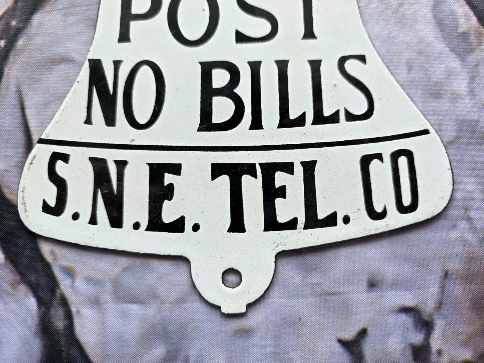 VINTAGE S.N.E. TEL. CO./ POST NO BILLS PORCELAIN SIGN 8"X6.5".