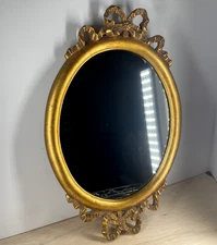Ornate Art Nouveau MCM Rococo Baroque Bows Gold Gilt Resin Mirror 17.5" x 11"