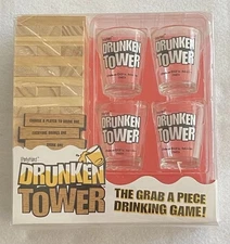 Adult Drinking Game Drunken Tower 4 Shot Glasses & 60 Wooden Block Stack NEW