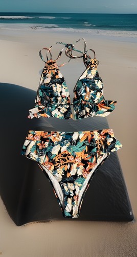 Sporlike Two Piece Ruffled Tropical Floral High Waisted Bikini Swimsuit- Size L