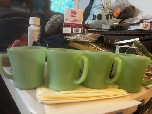 4 Vintage Fire King Green Jadeite D Handle Mugs Cups~Anchor Hocking