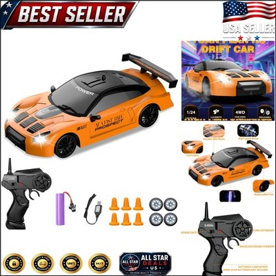 Rechargeable 4WD Orange RC Drift Car: Fast Fun with LED Lights for All Ages