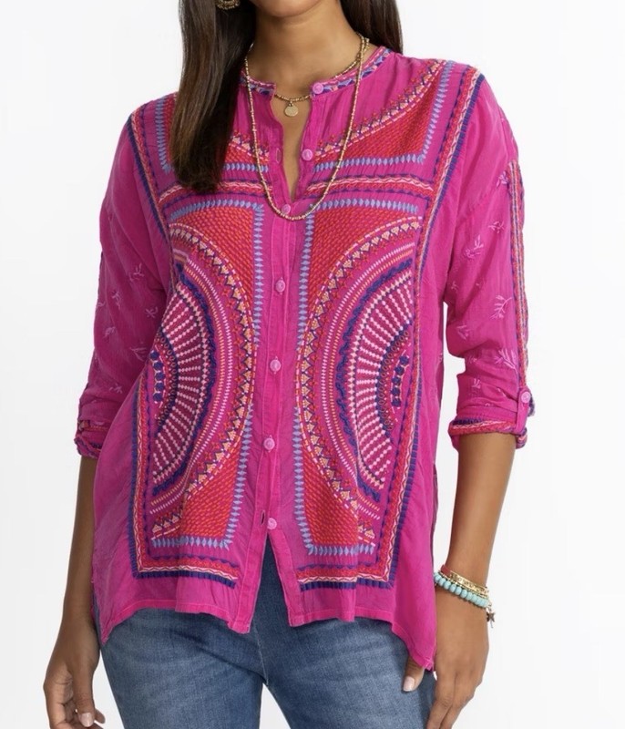 Johnny Was Audrey Mandarin Collar Shirt Medium XL Pink Embroidered Geometric Top