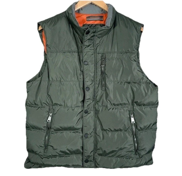 Orvis Puffer Vest Men XXL Olive Green Duck down Feather Quilted Full Zip Essex