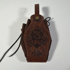 Brown Leather Belt Pouch Drawstring Costume Bag Embossed Tree Medieval Gothic