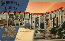 Greetings Massachusetts Tichnor Large Letter Linen Original Vintage Postcard