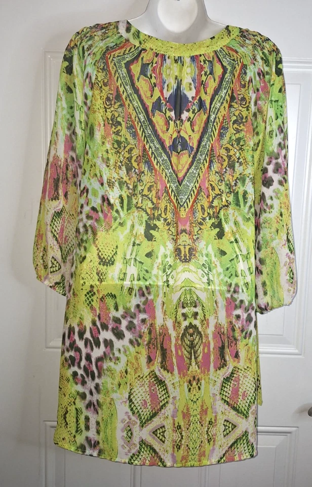 Blusa túnica Mushka by Sienna rosa estampado multicolor manga 3/4 cuello en V MED Foto 4 de 4