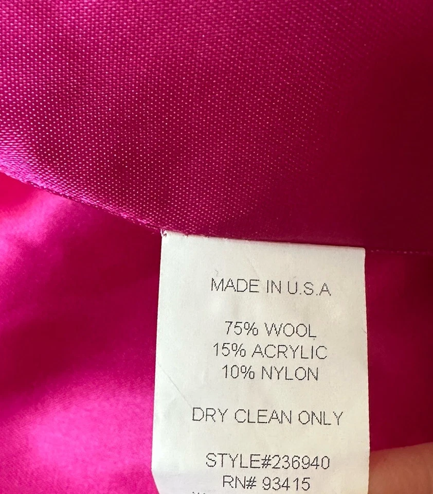 Vintage Trina Turk Tweed Wool Blend Pink Coat W/Faux Fur Collar Tie Waist Sz 2 - Image 4 of 4