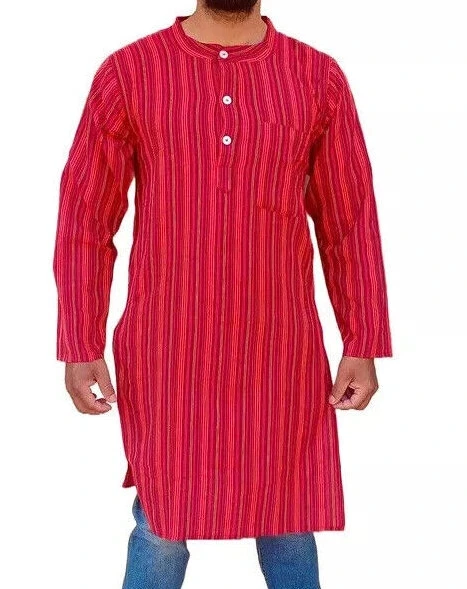 Red Orange Stripe Indian Punjabi Men's Collarless Grandad Kurta Shirt Kurtha PR2
Opens in a new wind