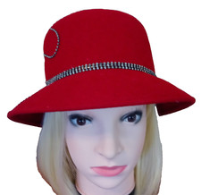 Betmar New York Wool Blend Bucket Hat In Red Clear Rhinestones Art Deco Style