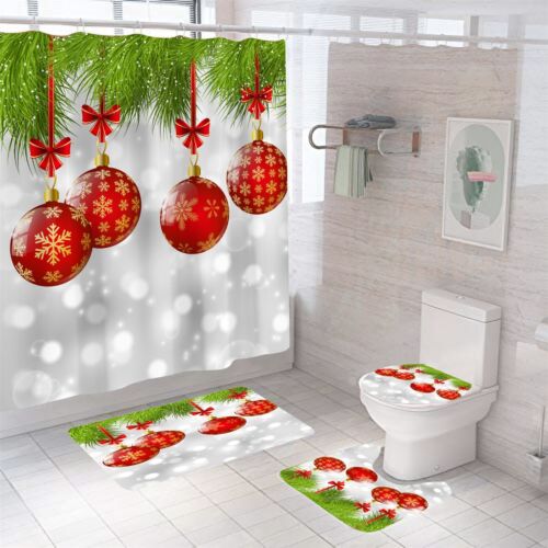 Christmas Bell Shower Curtain Bathroom Rug Set Thick Bath Mat Toilet Lid Cover - Picture 1 of 14