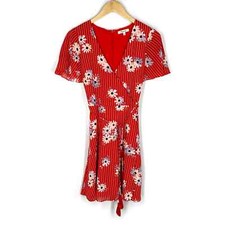 Madewell Button Wrap Dress Daisy Society Womens L8504 Red Floral V Neck Size 0