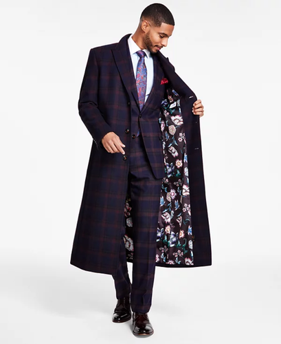 Tayion Collection Men s Classic-Fit Wool Blend Overcoat Plaid Navy Burgundy 36S - Picture 3 of 4