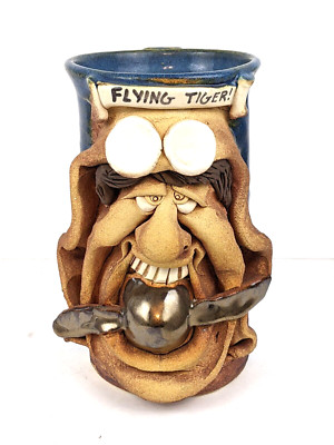 Ugly Face Flying Tiger JAC GENOVESE Pottery Mug Stein PILOT Large 7.25'' Tall