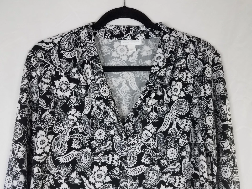 Blusa Top Charter Club Mujer Talla S Negra Blanca Floral Cachemira Manga 3/4 Foto 2 de 4