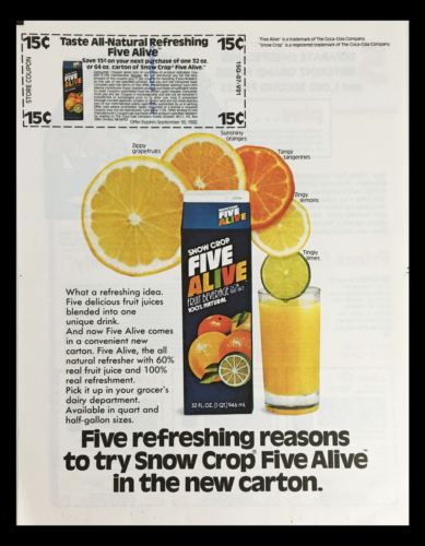 1982 Snow Crop Five Alive Fruit Beverage Circular Coupon Advertisement - Afbeelding 1 van 4