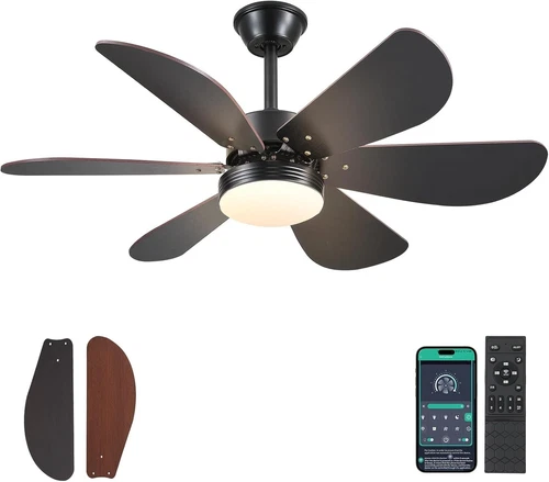 42" Black Outdoor Ceiling Fan with Lights, Remote, 6 Reversible Wood Blades -...