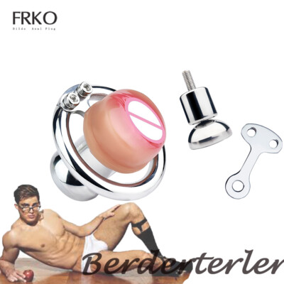 Sissy Metal Screw Lock Ring Chastity Device with Tube Real Pussy Flat Cage Belt
