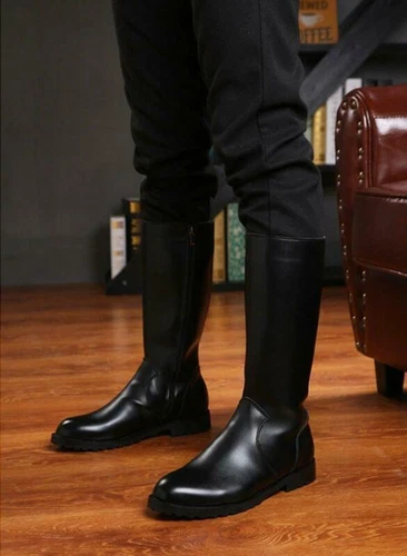Herren Schwarz Leder Kniehoch Reitstiefel Runde Spitze Seitlicher Reißverschluss Kampfschuhe Größe - Bild 10 von 12