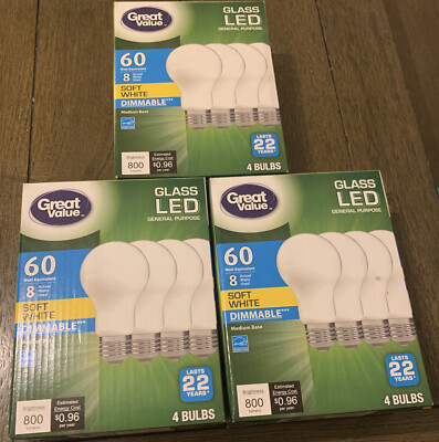 Lot Of (3) 4 Pack Bulbs LED 60W = 8W Soft White Dimmable 800 Lumens 2700K.