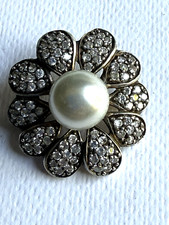 STERLING SILVER FLORAL BROOCH WITH FAUX PEARL AND SPARKLY CLEAR FACETED STONES