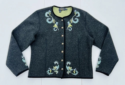 Vintage Icelandic Button Up Cardigan Womens Small Gray Green Floral Sweater