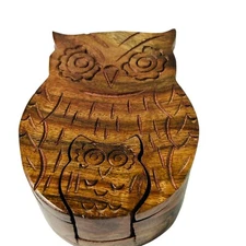 Matr Boomie Wood Carved Owl Puzzle Box Mama Baby Secret Compartment India 5x4"