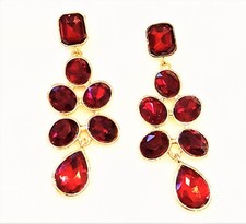 Faceted Red Crystal Double Teardrop Silver Dangle Earrings Stud Party