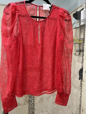 BCBG Maxazria Red Lace Long Sleeve Blouse Xs - Sheer Front, & Unlined Back Shina