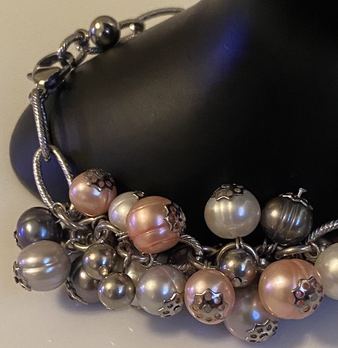 Honora Signed Multi Color Pearl Silver Tone Beaded Dangle Charm Cha Cha Bracelet - Picture 11 of 24