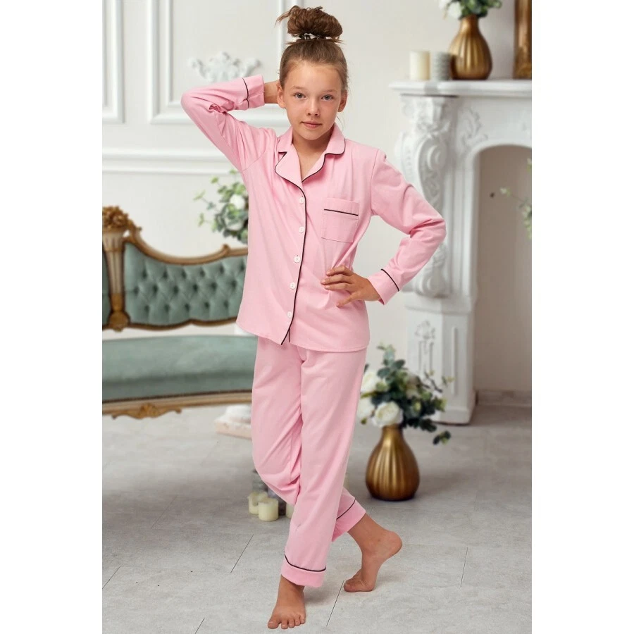 Neuf x pyjamas longs filles en coton avec poche a tuyauterie age 8 9 ans NEUF be
