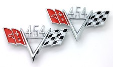 NUEVO Juego de emblemas de guardabarros con bandera cruzada 454 personalizado / Borde estilo Chevrolet Chevy años 60