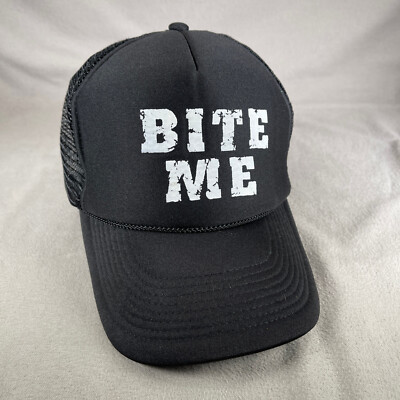 Bite Me Hat Men OS Black Snapback Trucker Cap Mesh Back Funny Cobra Cap