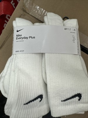 NIKE Dri-Fit Everyday Plus Cotton Cushiones Crew Socks Large 8-12 White 6 Pair