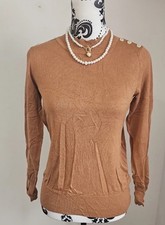 Wallis Petite Rust Brown Knit Jumper UK10 Button Shoulder Long Sleeve Top