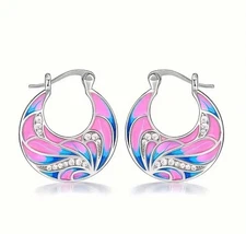 Silver Plated Aqua Royal Blue Pink Lotus Flower Hoop Earrings 1 Inch