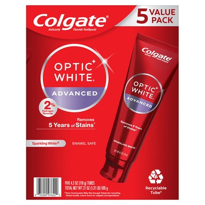 Colgate Optic Advanced Whitening Toothpaste, Sparkling White (4.2 Ounce, 5 Pack)