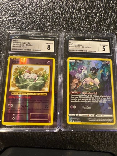 CGC 8 Mew 53/108 Evolutions Reverse Holo AND Mew GG10 Crown Zenith CGC 5
