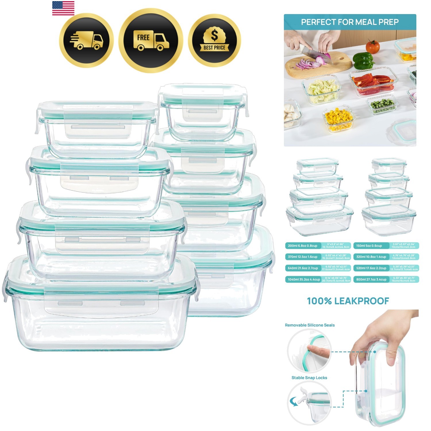 8 Pack Glass Food Storage Containers with Airtight Lids, Glass Meal Prep Cont...