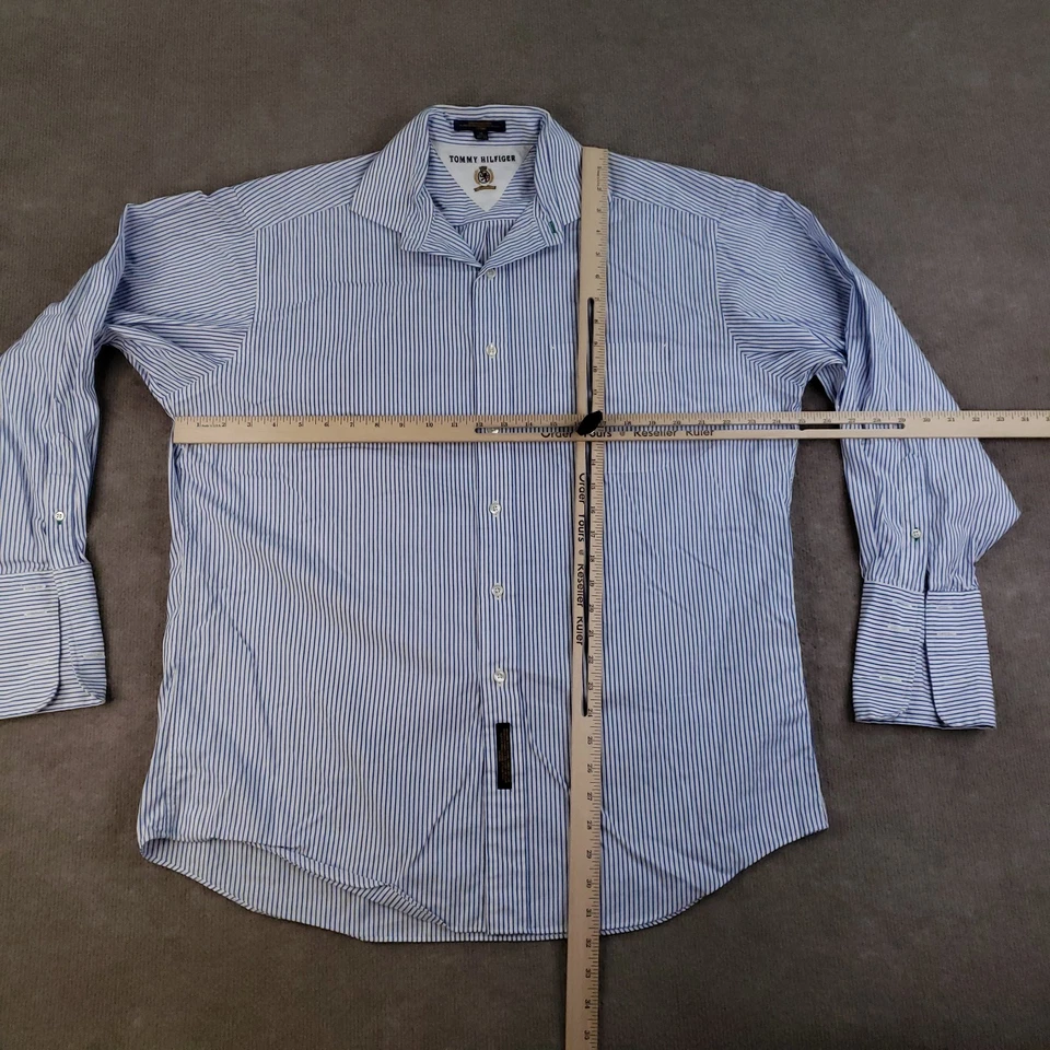 Camisa masculina Tommy Hilfiger 16 azul branca listrada com botões vestido punho francês Y2K - Imagem 2 de 4