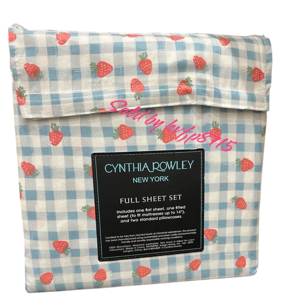 Juego de sábanas completas de 4 piezas con patrón de cuadros azules fresas de San Valentín nuevas con etiquetas suaves Foto 2 de 3