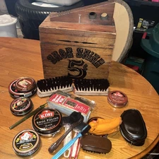 Vintage Wooden Shoe Shine Box Shoe Valet Retro Graphics Shoe Shine 5 cents