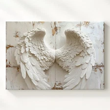 White Angel Wings Canvasminimalist Spiritual Wall Art On Rustic Wood