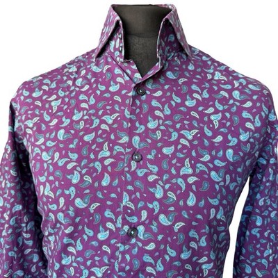 HAWES & CURTIS Herren Hemd M 40-41'' Brustumfang Langarm Freizeit Lila Paisley Print