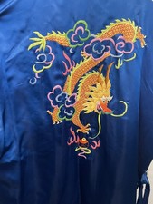 Vintage Peacock 100 Silk Kimono Golden Dragon Bright Blue Size L Pockets Belt