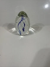 Art Glass Egg Paperweight Blue Swirl Controlled Bubble