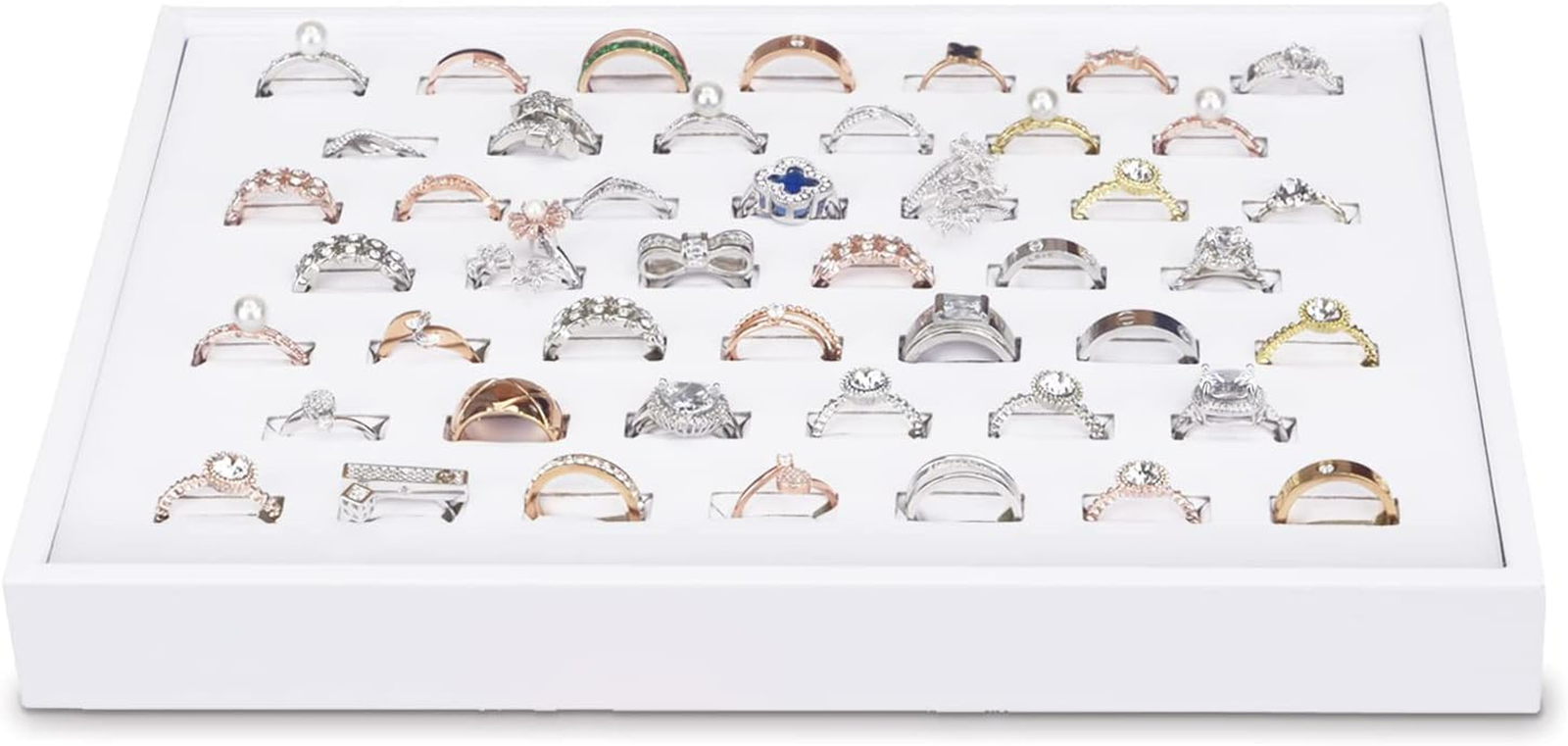Premium White Leatherette 46-Slot Ring Display Stand for Jewelry Showcase