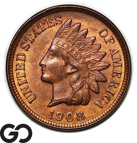 1908 Indian Head Cent Penny, Red Brown Choice BU++