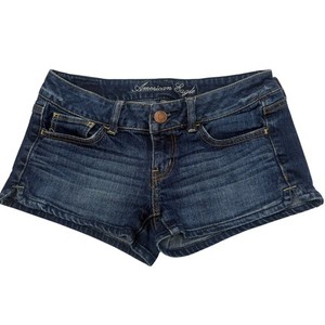 Mini Short En Jean American Eagle - Taille 00 - Bleu - Stretch - Ourlet Brut - Années 2000 - Occasion