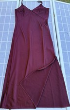 Burgundy Wine Satin Midi Slip Dress Minimalist Chic Graduation Dress V-Neck Sz S